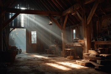 Sunlight streaming through open doorway and windows into a dusty old rustic wooden barn interior with exposed beams and workbenches