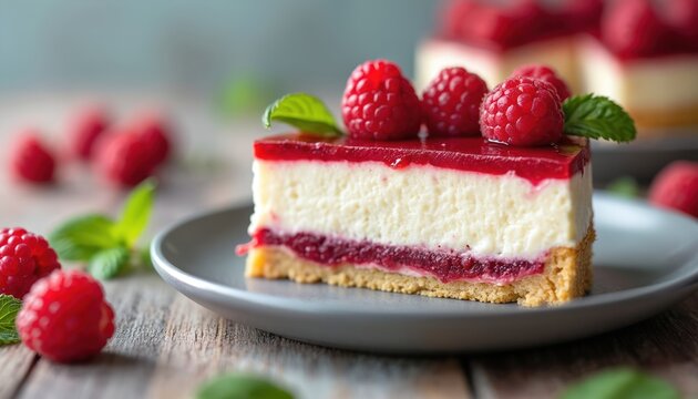 Slice of creamy raspberry cheesecake on grey plate with fresh raspberries, mint leaves. Delicious dessert features thick cream layer, sweet raspberry filling, buttery crust. Perfect for summer
