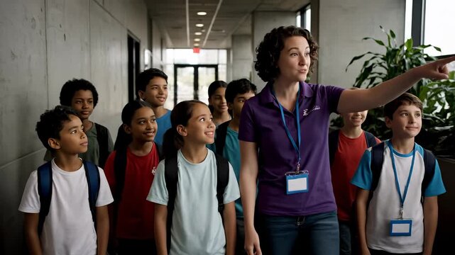 Adult leading a group of children along a hallway.