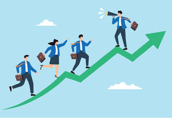 Flat illustration of businessman with megaphone motivate employee to walk up arrow symbolizing career inspiration