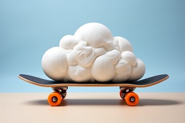 Dreamy Ride A Fluffy White Cloud on a Skateboard Against a Blue Sky