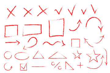 Red chalk crayon hand-drawn arrows, checkmarks, crosses, and geometric doodle shapes with grunge texture. Sketch design elements vector illustration set for graphic design, creative projects. PNG