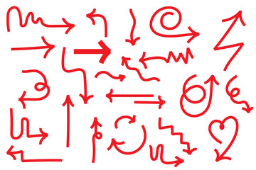  Hand-drawn chunky arrows in various curved, wavy, and looped styles. Chalk, sketch-style red arrows perfect for directions, infographics, presentations, creative designs, and highlighting elements