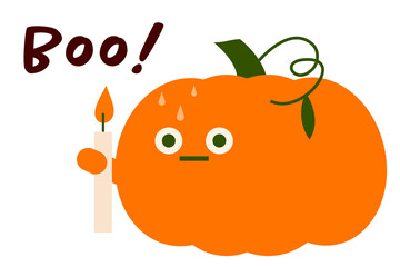 Cute cartoon pumpkin character holding a candle with "Boo!" text. Funny Halloween illustration, scared expression, perfect for spooky holiday designs. PNG with transparent background