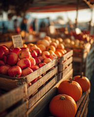 Vibrant farmers market with fresh apples and pumpkins at sunset