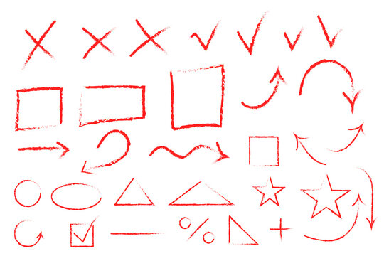 Red chalk crayon hand-drawn arrows, checkmarks, crosses, and geometric doodle shapes with grunge texture. Sketch design elements vector illustration set for graphic design, creative projects. PNG