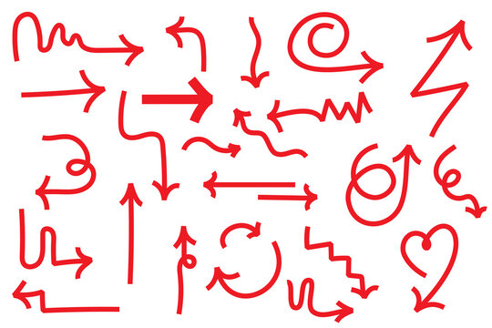 Hand-drawn chunky arrows in various curved, wavy, and looped styles. Chalk, sketch-style red arrows perfect for directions, infographics, presentations, creative designs, and highlighting elements