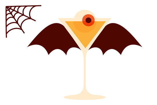 Halloween cocktail in bat wing martini glass with spooky orange eye, spider web, and festive drink design. Perfect holiday party, bar, and nightclub vector illustration. High resolution PNG