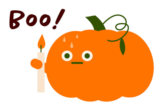 Cute cartoon pumpkin character holding a candle with "Boo!" text. Funny Halloween illustration, scared expression, perfect for spooky holiday designs. PNG with transparent background