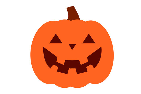 Classic scary Halloween jack-o-lantern pumpkin with carved triangular eyes and jagged smile illustration. Orange pumpkin with green stem for autumn holiday decorations and design. High resolution PNG