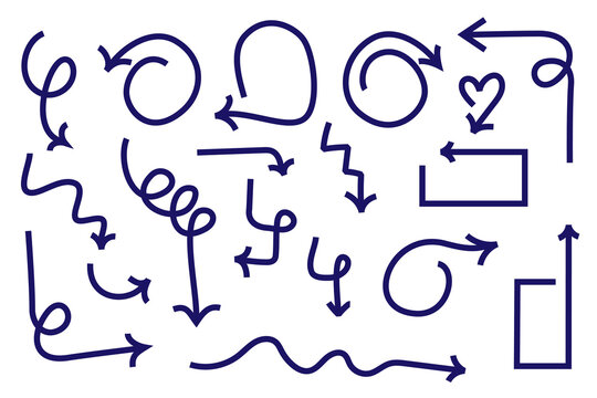  Hand-drawn chunky arrows in various curved, wavy, and looped styles. Chalk, sketch-style navy arrows perfect for directions, infographics, presentations, creative designs, and highlighting elements