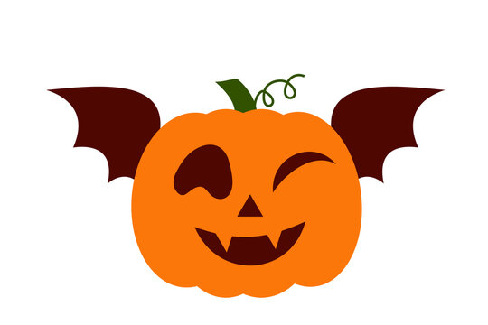 Halloween pumpkin jack-o-lantern with bat wings winking face vector illustration. Cute orange carved pumpkin with playful expression for autumn holiday decorations, designs. High resolution PNG