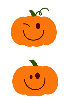 Two cute Halloween pumpkins with happy smiling faces vector illustration. Orange jack-o-lanterns with winking and cheerful expressions for autumn holiday decorations and designs. High resolution PNG