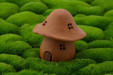 Whimsical Terracotta Mushroom House Nestled in Vibrant Green Mossy Landscape