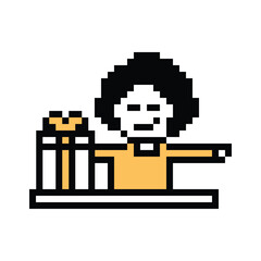 Pixel art cartoon character man give gift box birthday christmas bonus reward surprise decoration 8 bit male boy give gift box shopping bonus christmas day game png 8bit vector.