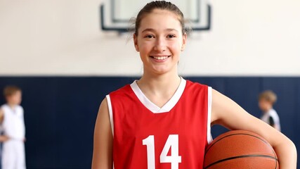 Teen basketball player in gym holding ball. A cheerful portrait of athletic youth and energy. Sporting future, youth development, healthy lifestyle. - Powered by Adobe