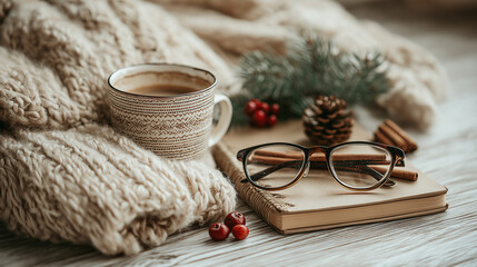 Cup of hot chocolate and book with glasses on dark background.