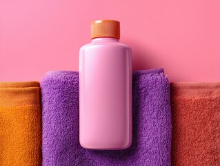 Pink Cleanser Bottle with Orange and Purple Washcloths on Pink Background