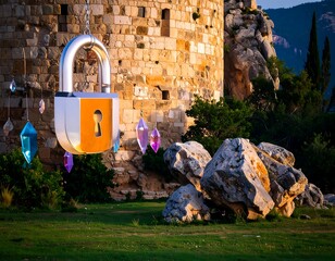 Magical protection: Large padlock with crystals hanging near a stone tower
