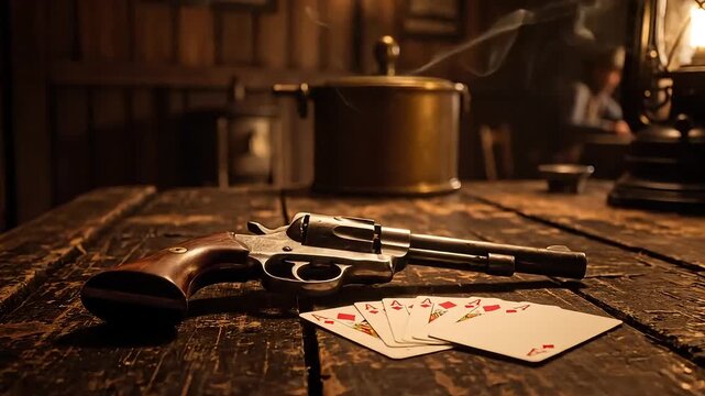A vintage revolver rests on a wooden table beside a fanned hand of playing cards, evoking a sense of old-time Western drama.
