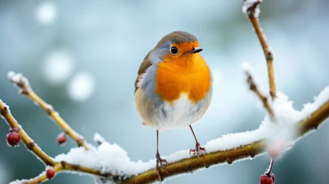 Close-up video still of a robin perched on a snow-covered branch, capturing its vibrant orange chest against a blurred winter background. Live desktop wallpaper.