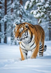 Obraz premium Majestic Tiger Stalks Through a Winter Wonderland, Snow-Kissed and Regal