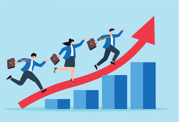  Flat illustration of business people run on growth arrow up chart symbolizing teamwork and career success