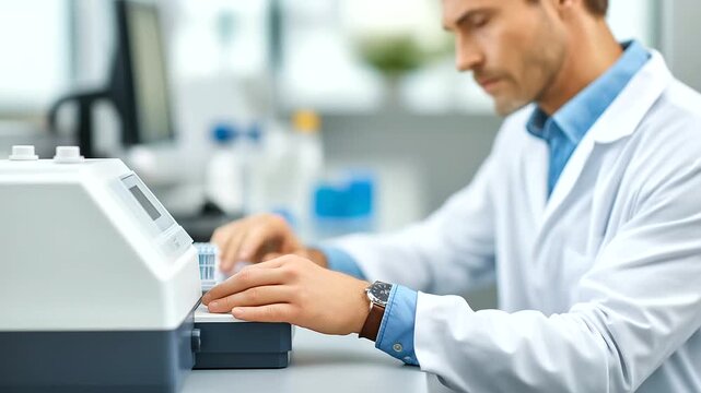 Molecular diagnostics specialists perform PCR testing using thermal cyclers and genetic sequencing equipment analyzing DNA samples for hereditary diseases and cancer biomarkers