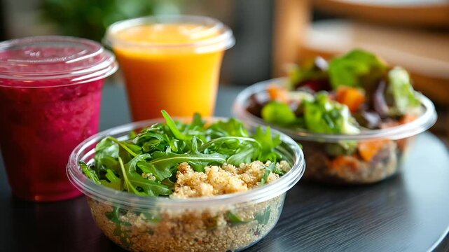 Educational conference grab and go healthy options including quinoa bowls and fresh smoothies designed for busy academic professionals between sessions blurred background with