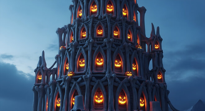 Spooky Halloween castle with glowing jack-o'-lantern windows in a mystical night sky, perfect for festive decorations and themed events