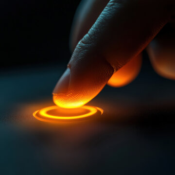 Futuristic glowing button pressed by finger, startup activation concept
