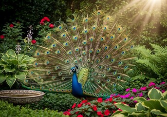 Obraz premium A magnificent peacock displays its vibrant, fanned tail feathers amidst a lush, sun-dappled garden bursting with colorful flowers and foliage