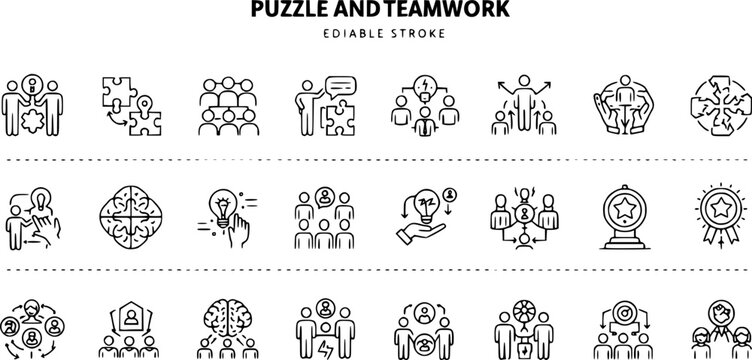Puzzle and teamwork icon set. Thin line editable stroke icons for solution finding, collaboration, integration, ideas, innovation, strategy, and shared goals
