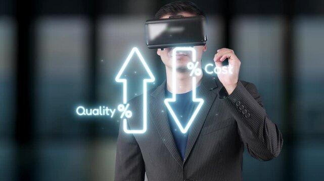 A businessman engages with a virtual reality headset in a modern office, symbolizing the intersection of quality analysis and cost reduction in innovative business strategies. Raster