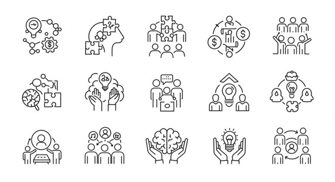 Puzzle and teamwork icon set. Thin line editable stroke icons for solution finding, collaboration, integration, ideas, innovation, strategy, and shared goals
