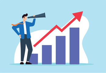 Flat illustration of businessman looks through telescope at growth chart diagram forecasting economic increase business profit grow investment earning improvement