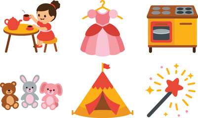Vibrant Playtime Icons Set Featuring Girl, Dress, Kitchen, Toys, Tent, and Wand