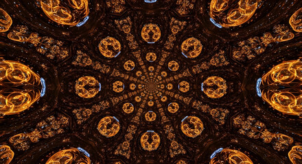 Abstract fractal mandala pattern with circular geometric designs and warm golden and brown tones