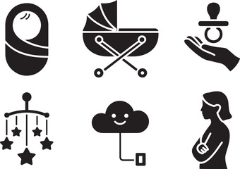 Adorable Baby Care Icons Set Featuring Swaddled Infant, Stroller, Pacifier, Mobile, Cloud, and Mother