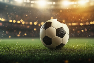Naklejka premium Soccer ball on green field under stadium lights