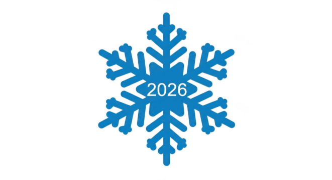 Blue snowflake with the year 2026 in the center, isolated on transparent background