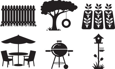 Backyard Bliss A Silhouette Scene of Outdoor Living with Garden, Grill, and Relaxation Spot