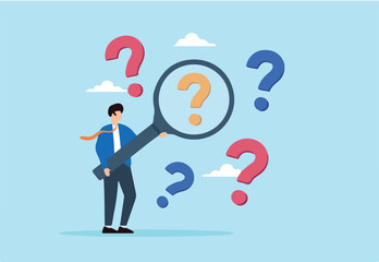 Flat illustration of businessman hold magnifying glass analyzing question mark to investigate and solve problem