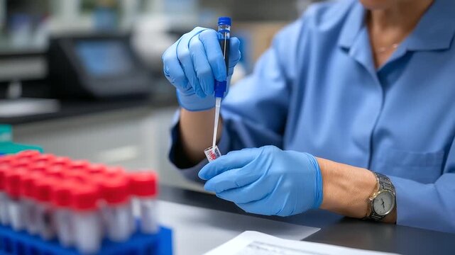 Veterinary laboratory technicians perform diagnostic testing on animal samples analyzing blood work and parasitology specimens for companion animal and livestock health blurred