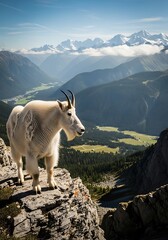 Majestic Mountain Goat Perched on a Rocky Cliffside with Breathtaking Valley Views