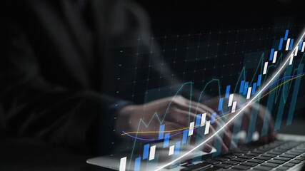 A businessman works on a laptop, analyzing financial data with graphs and charts that illustrate growth trends, highlighting modern business strategies and technology. Copula - Powered by Adobe
