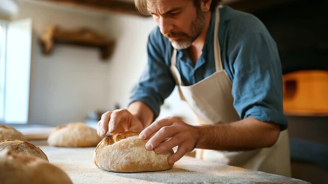 Artisan bread baker shaping sourdough loaves by hand with flour dusted apron and traditional scoring tools surrounded by rising dough and wood fired oven in authentic bakery