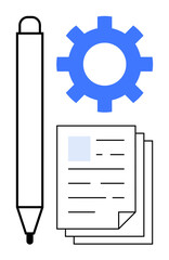 Pen, gear icon, and stacked documents conveying collaboration, creativity, organization, productivity, innovation, project management and workflow. Ideal for explaining a simple flat metaphor