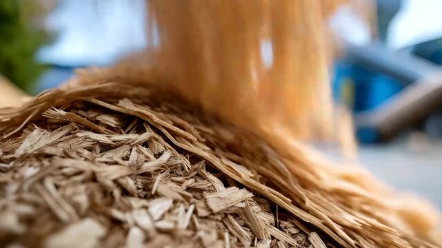 Paper mill facility with wood chip processing and pulping equipment featuring sustainable forestry practices and recycled material integration in manufacturing process blurred