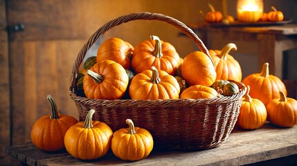 Abundant autumn harvest pumpkins fill rustic basket creating warm harvest celebration vibes